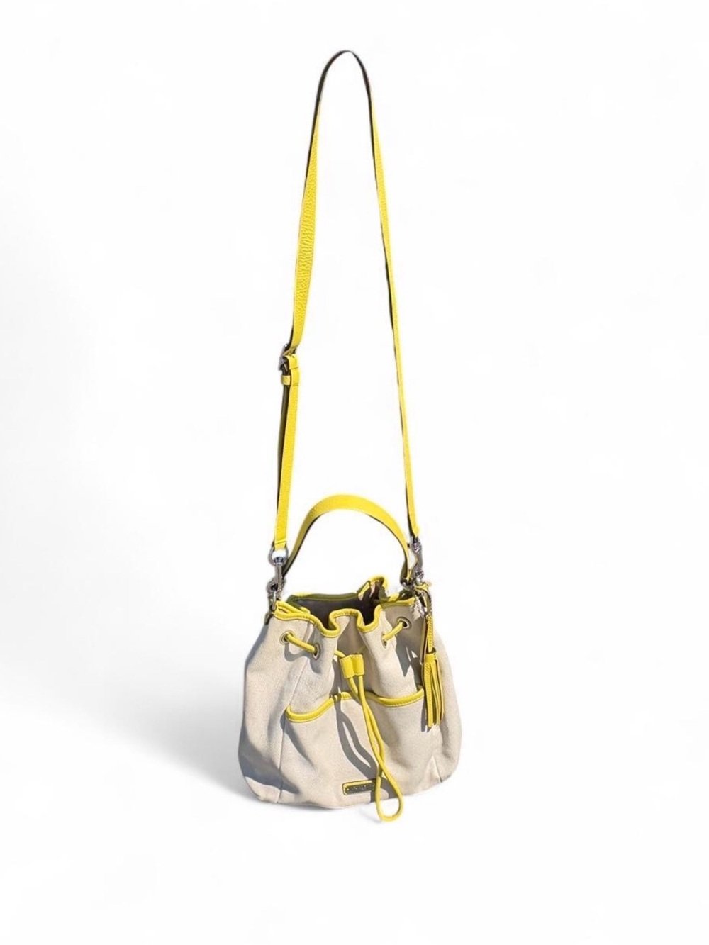 Yellow-Trim Beige Drawstring Crossbody Bag